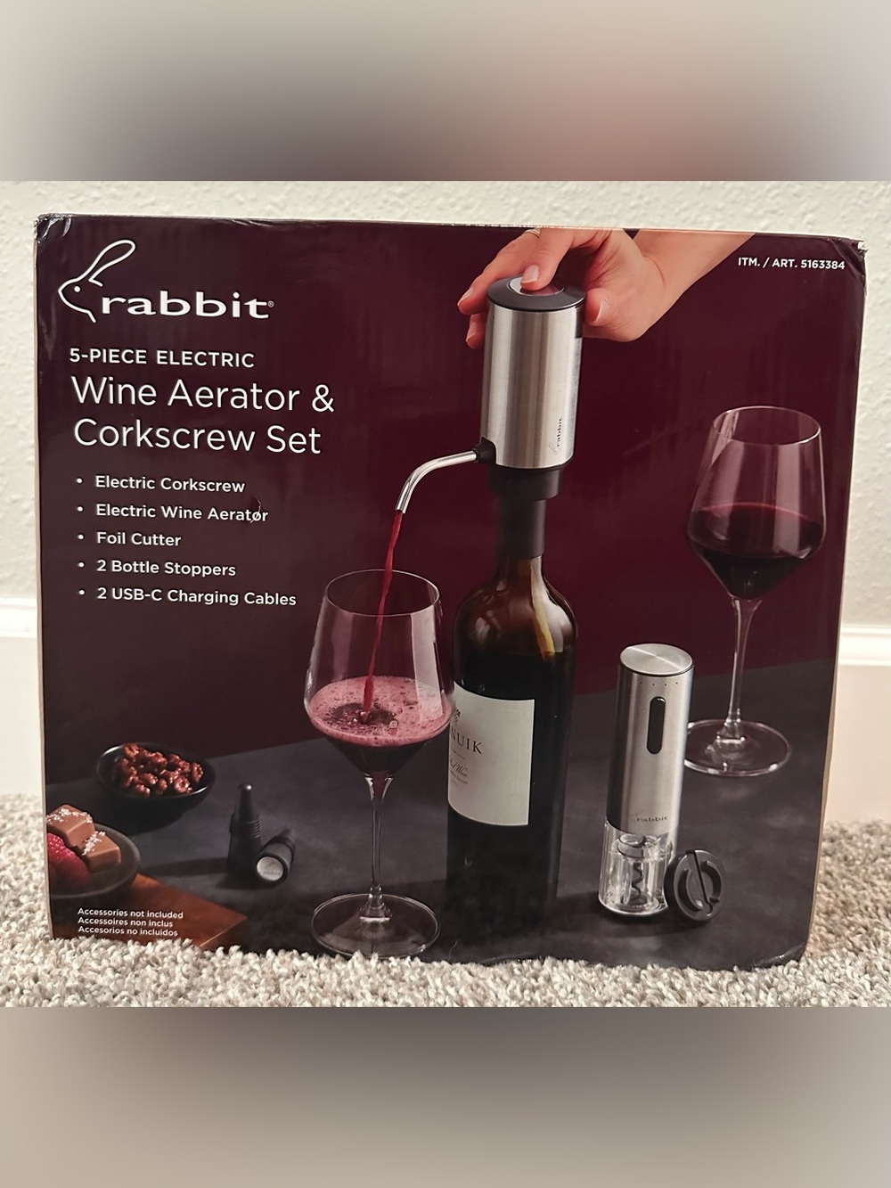 Rabbit 5 Piece Electric Wine Aerator And Corkscrew Set NWT